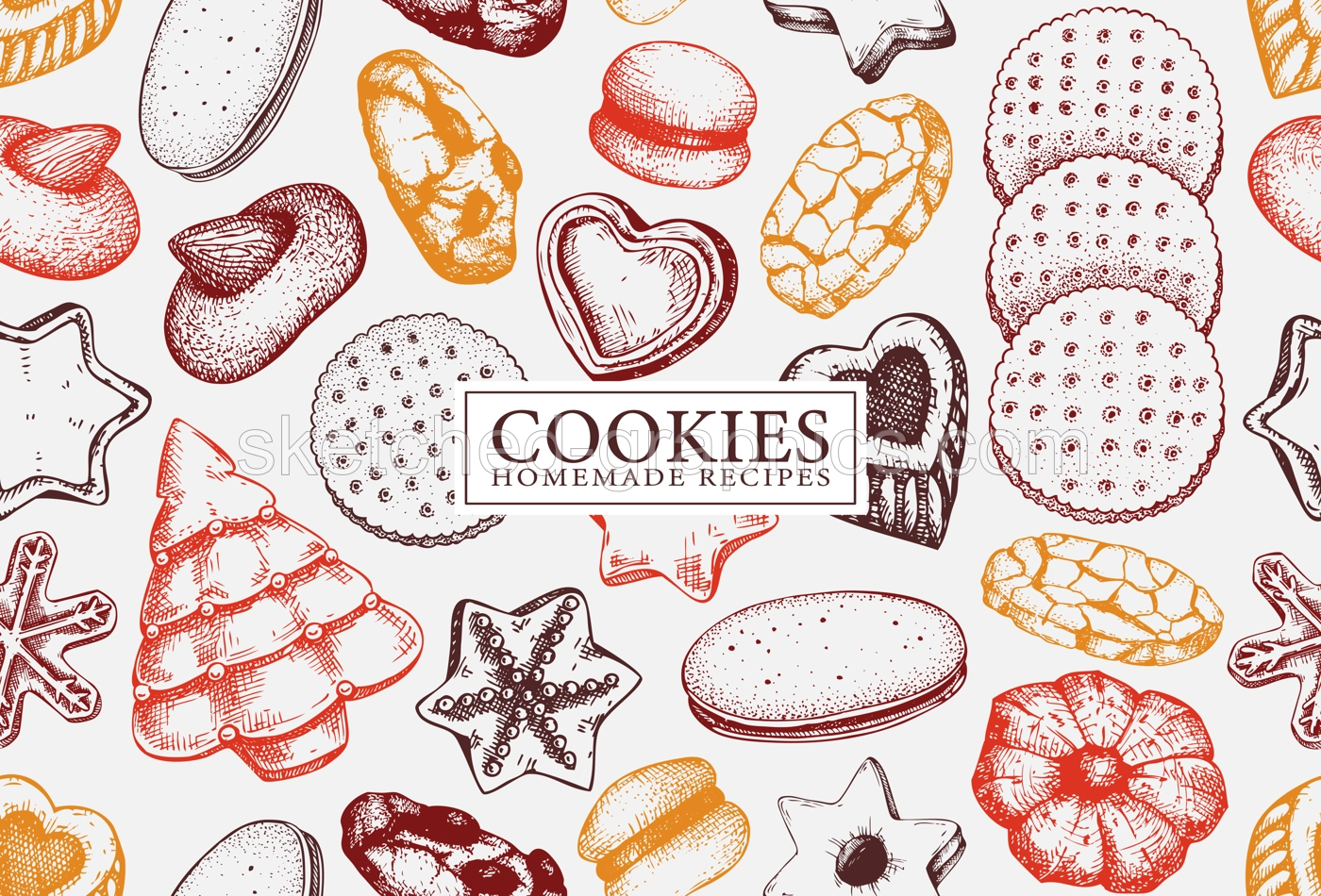 Bakery shop background in color. Popular cookies seamless pattern. Italian pastry sketches. Cookies with almond, chocolate, jam, crackers, chips hand drawn illustrations for logo, print, banner design Illustration